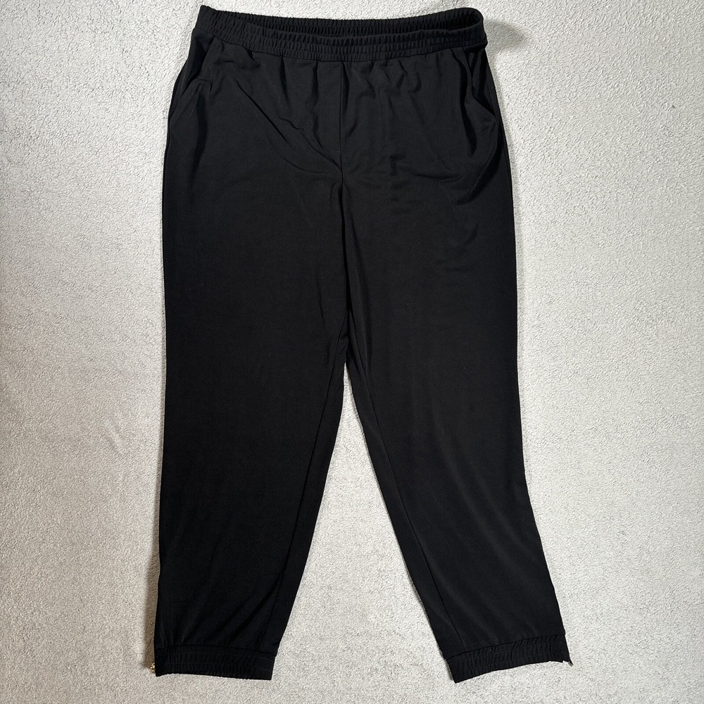 Susan Graver Liquid Knit Jogger Pants Black Ankle Zip Large L Elastic Waist High